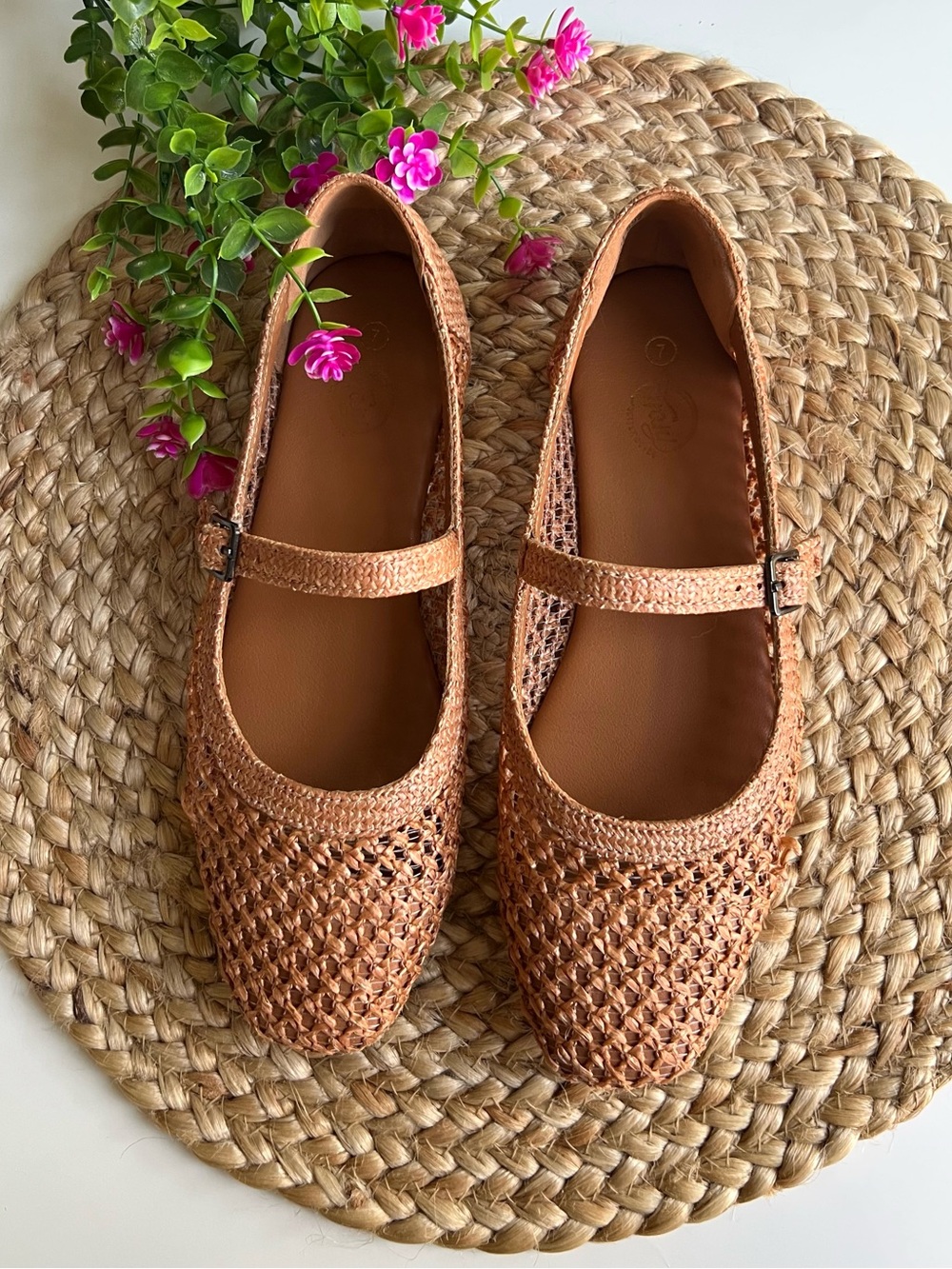 Light Brown Woven Round Toe Mary Jane Buckle Flats
